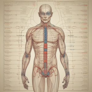 Ilustración artística de los meridianos y puntos de acupuntura en el cuerpo humano.