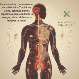 Representación artística de los meridianos y puntos de acupuntura en el cuerpo humano, destacando su conexión con la salud integral según la Medicina Tradicional China y el Ryodoraku.