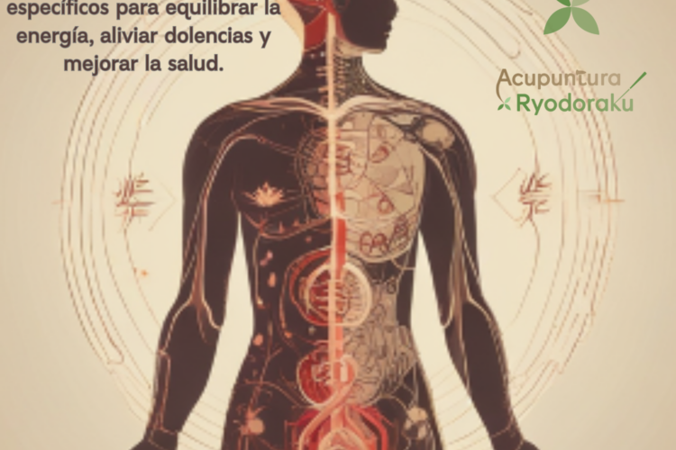 Representación artística de los meridianos y puntos de acupuntura en el cuerpo humano, destacando su conexión con la salud integral según la Medicina Tradicional China y el Ryodoraku.